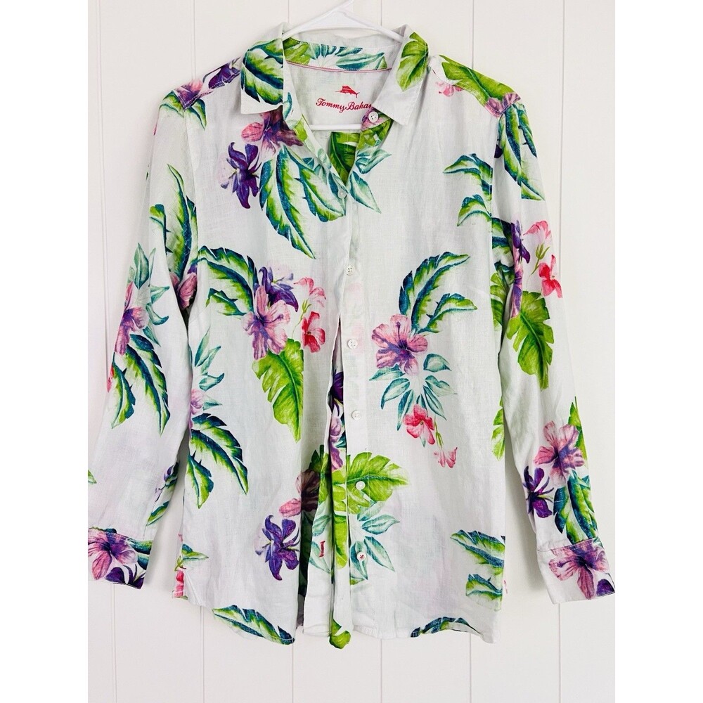 Tommy Bahama Tropical Floral 100% Linen Blouse Womens Med Resort Coastal Cruise